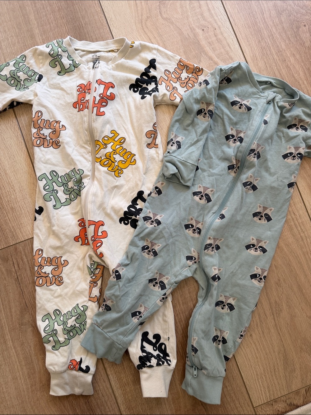 Kids One-Piece Zip Pajama - Hug & Love Print (White) and Raccoon Print (Green)